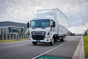 A truck driving on a road